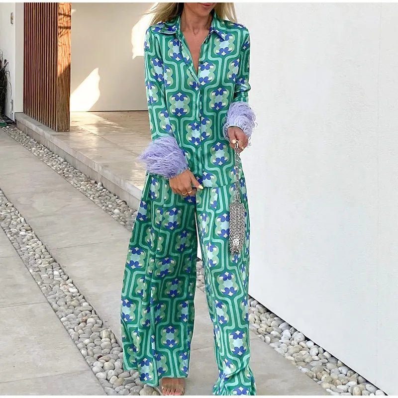 Women's Pajama Top + Turn - Down Collar + Two - Tone Green White Print All - Match Style For Every Occasion - SN Wigs & More