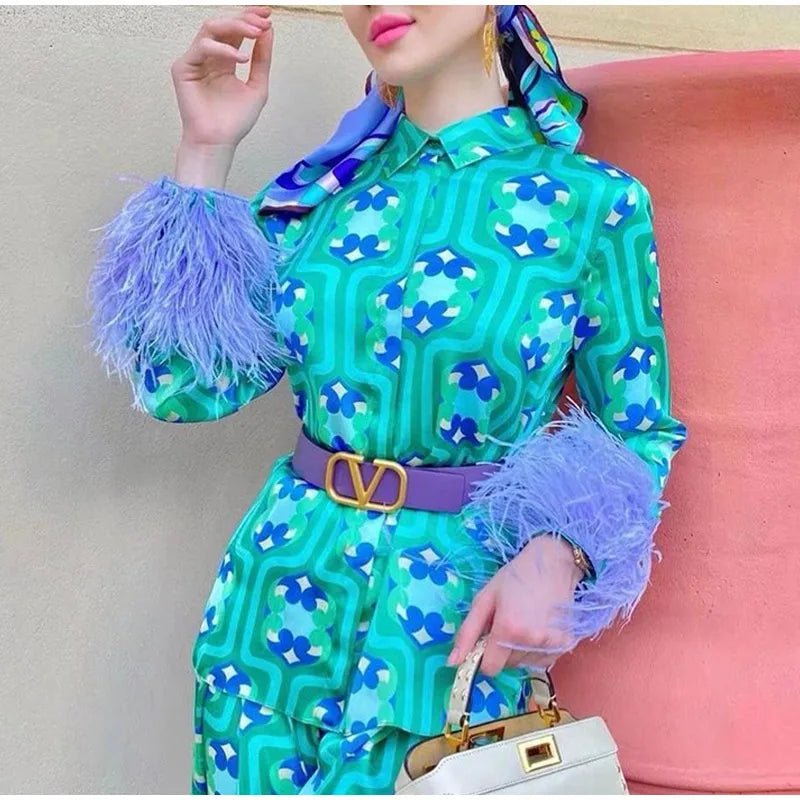 Women's Pajama Top + Turn - Down Collar + Two - Tone Green White Print All - Match Style For Every Occasion - SN Wigs & More