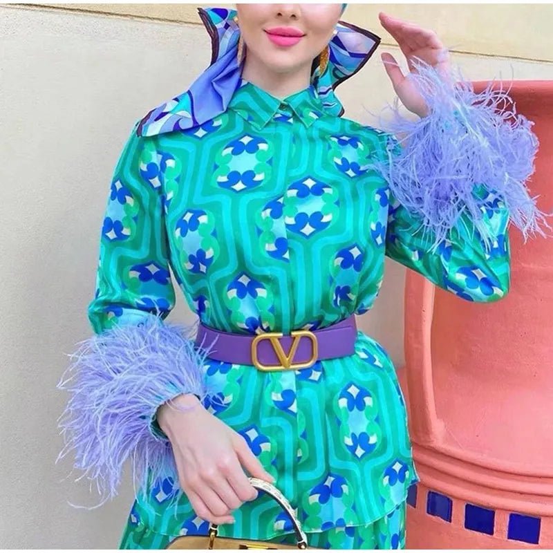 Women's Pajama Top + Turn - Down Collar + Two - Tone Green White Print All - Match Style For Every Occasion - SN Wigs & More