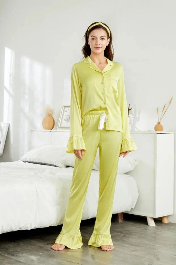 Womens Pajamas With Ruffles  2024 Summer High Quality Silk Avocado Pajamas With Headband 2 Piece Set Women Pajamas