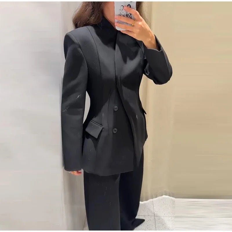 Women’s Pant Set + V - Neck Blazer With Full Sleeves And High Waist Straight Pants + Office Style - SN Wigs & More