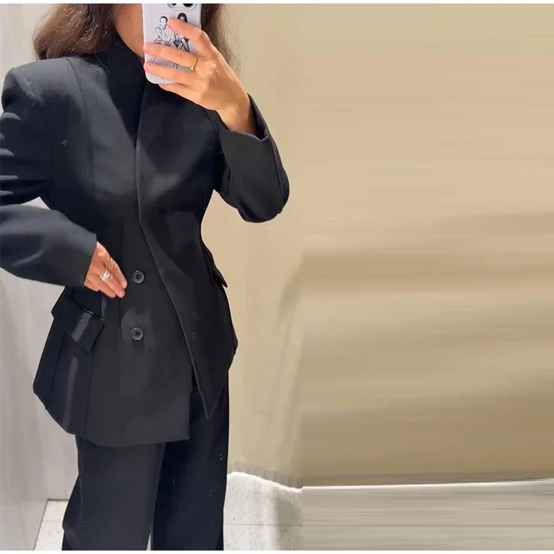 Women’s Pant Set + V - Neck Blazer With Full Sleeves And High Waist Straight Pants + Office Style - SN Wigs & More