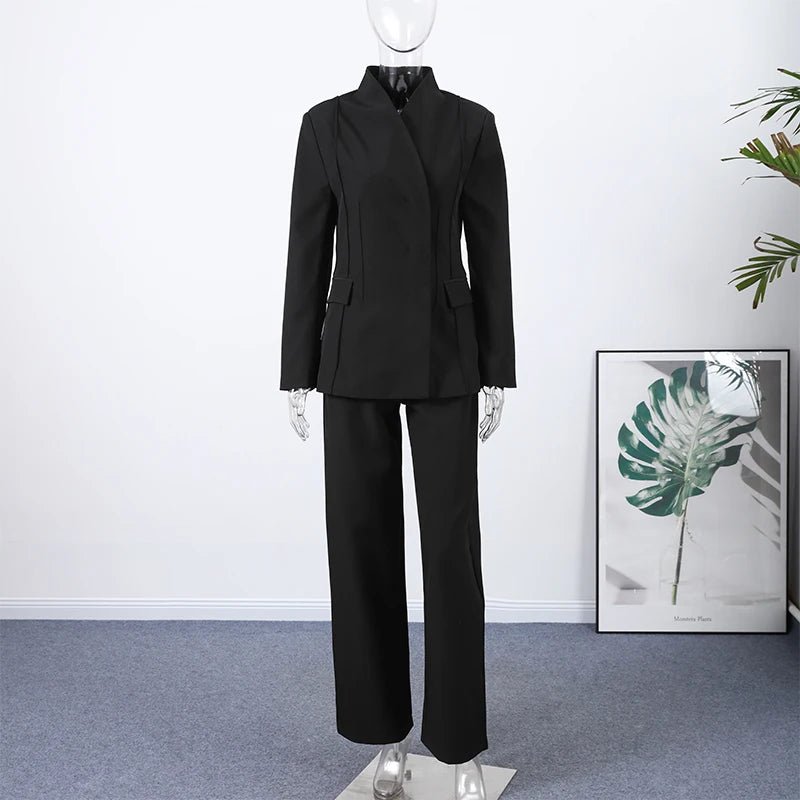 Women’s Pant Set + V - Neck Blazer With Full Sleeves And High Waist Straight Pants + Office Style - SN Wigs & More