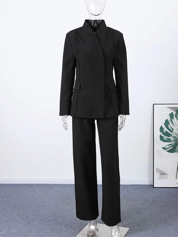 Women’s Pant Set + V - Neck Blazer With Full Sleeves And High Waist Straight Pants + Office Style - SN Wigs & More
