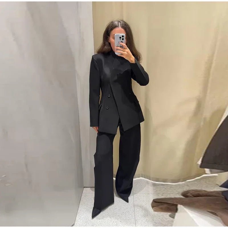 Women’s Pant Set + V - Neck Blazer With Full Sleeves And High Waist Straight Pants + Office Style - SN Wigs & More