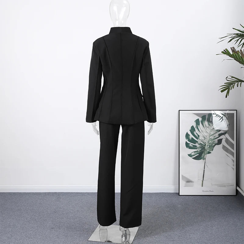 Women’s Pant Set + V - Neck Blazer With Full Sleeves And High Waist Straight Pants + Office Style - SN Wigs & More