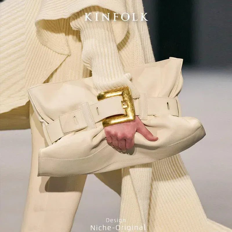 Women's Pleated Motorcycle Bag Trendy Belt Buckle Shoulder Bag Brand Design Fashion Large Capacity Texture Underarm Bag Tote Bag - SN Wigs & More