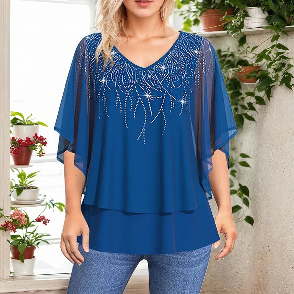 Women's Plus Size Blouse With Lace Patchwork Chiffon V - Neck – Elegant Everyday Style - SN Wigs & More