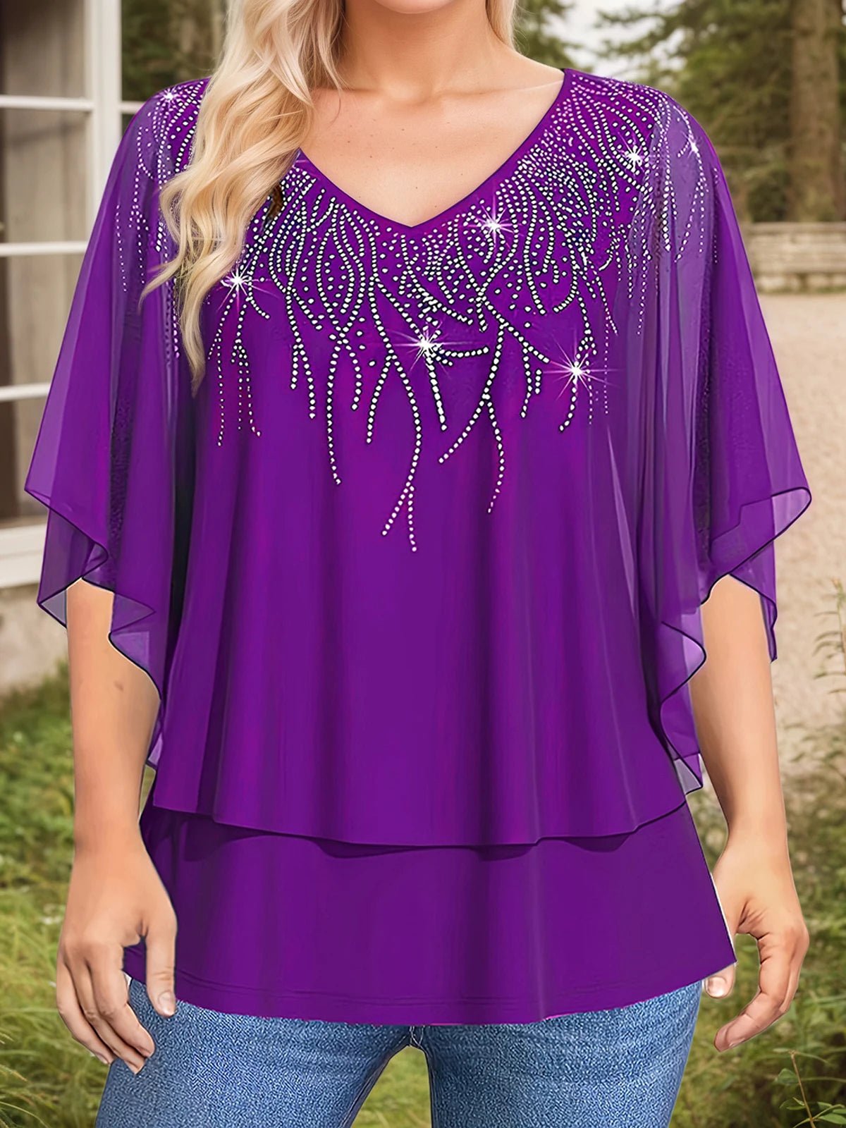 Women's Plus Size Blouse With Lace Patchwork Chiffon V - Neck – Elegant Everyday Style - SN Wigs & More