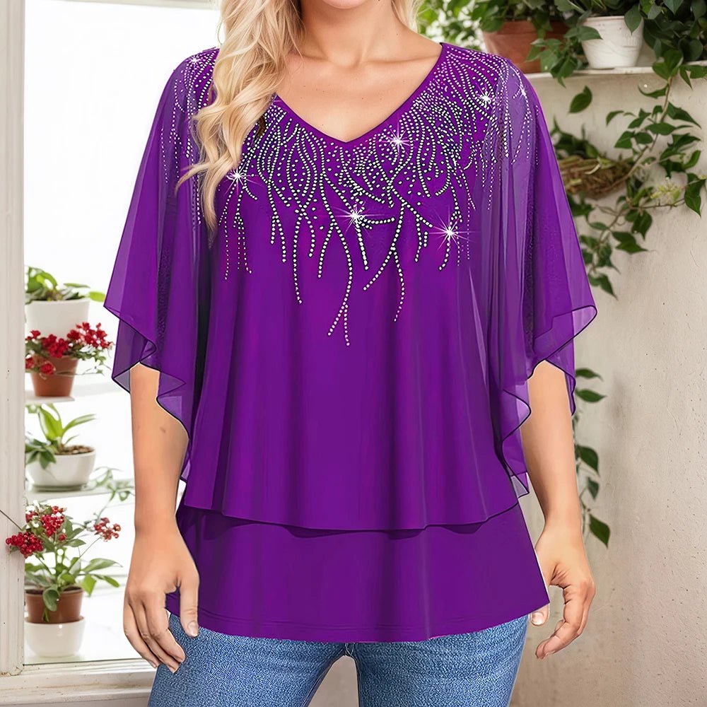 Women's Plus Size Blouse With Lace Patchwork Chiffon V - Neck – Elegant Everyday Style - SN Wigs & More