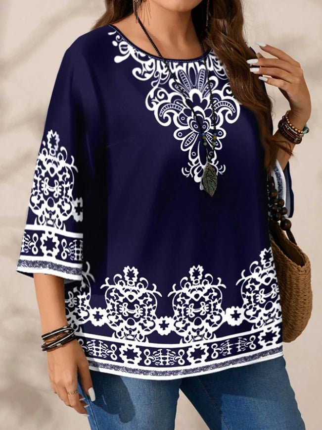 Women's Plus Size T Shirt + Boho Floral Print Navy Blue Three Quarter Sleeves With White Accents + Casual Style - SN Wigs & More