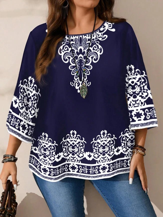 Women's Plus Size T Shirt + Boho Floral Print Navy Blue Three Quarter Sleeves With White Accents + Casual Style - SN Wigs & More