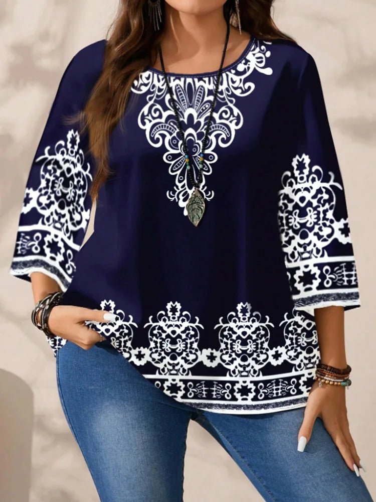 Women's Plus Size T Shirt + Boho Floral Print Navy Blue Three Quarter Sleeves With White Accents + Casual Style - SN Wigs & More