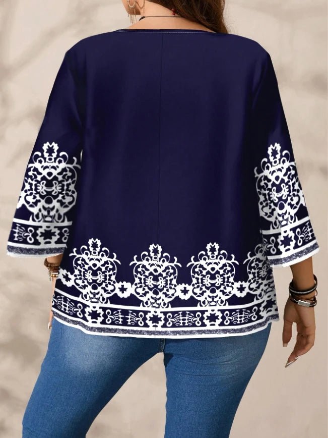 Women's Plus Size T Shirt + Boho Floral Print Navy Blue Three Quarter Sleeves With White Accents + Casual Style - SN Wigs & More