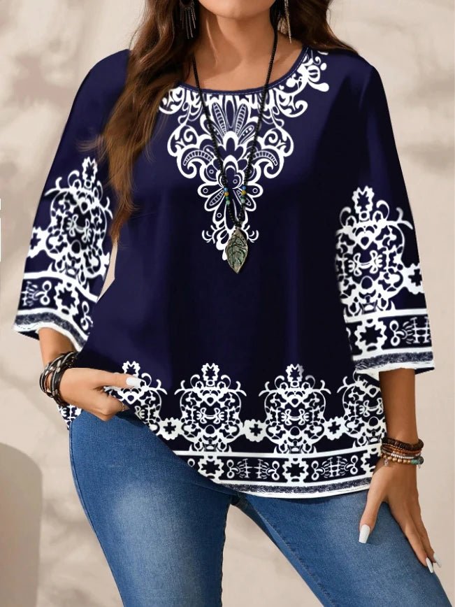 Women's Plus Size T Shirt + Boho Floral Print Navy Blue Three Quarter Sleeves With White Accents + Casual Style - SN Wigs & More