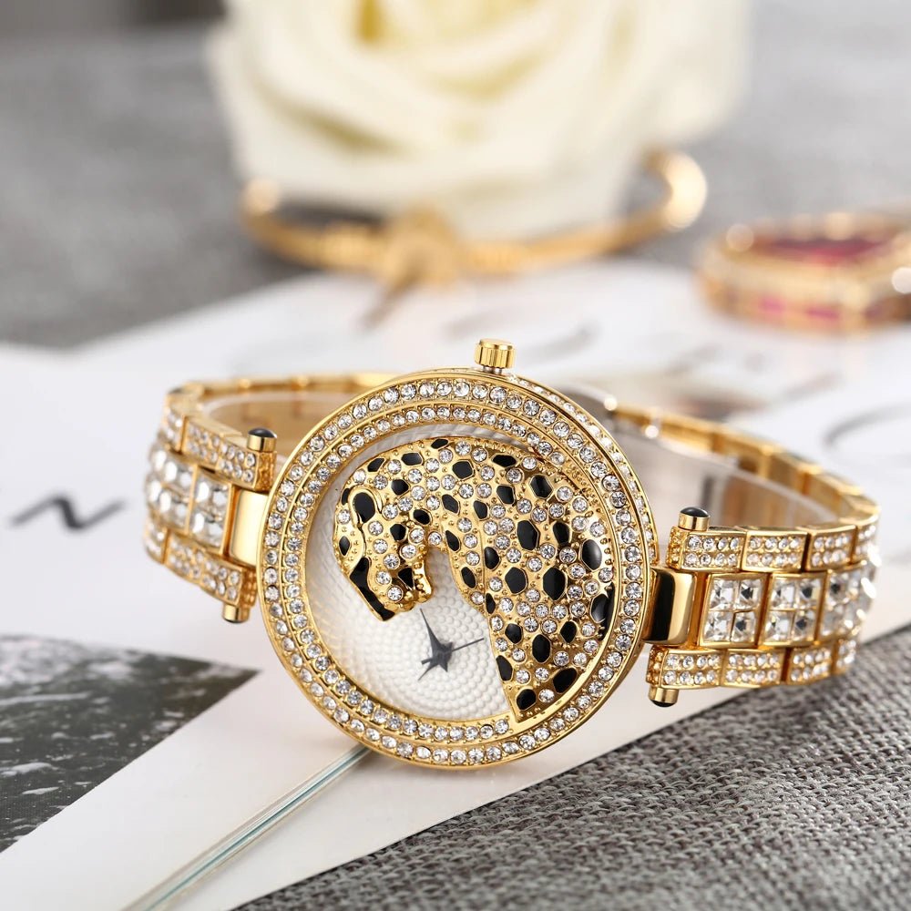 Women's Quartz Watch Bling Crystal Dial Leopard Pattern Gold Tone Casual Glam Style - SN Wigs & More