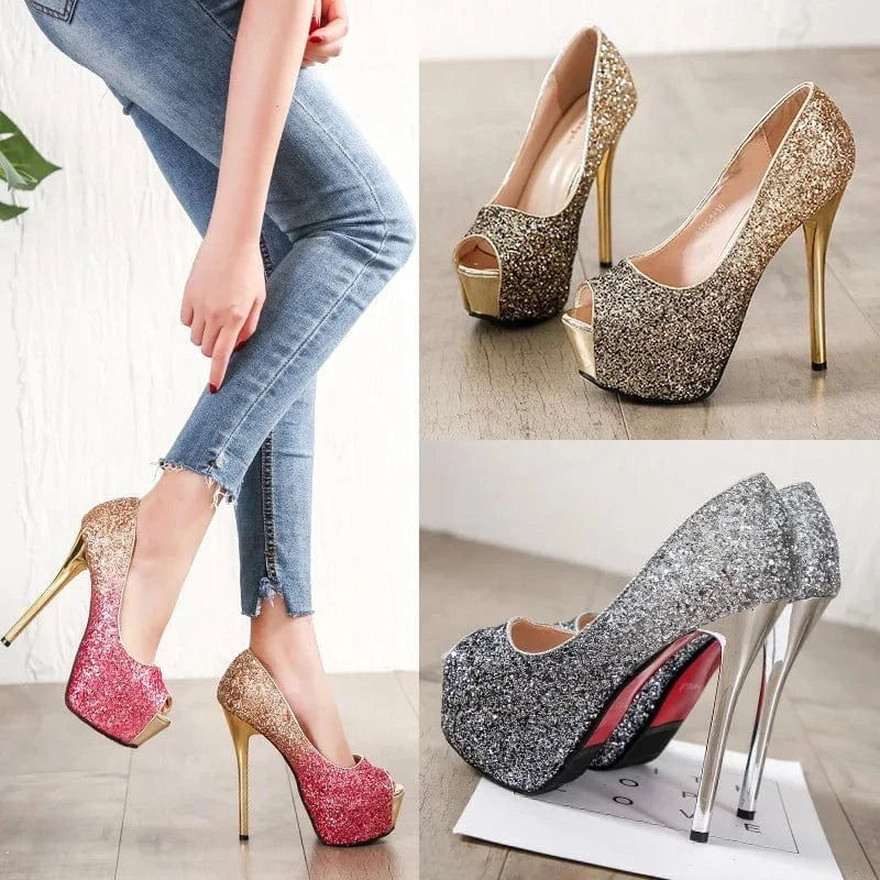 Womens Shoes Fashion Sequins Gradient Nightclub Stiletto Platform High Heels Wedding Shoes Red Bottom High Heels Platform Heels