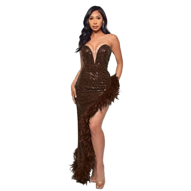 Womens Strapless Sequin Feather Dress For Women Elegant Sleeveless Long Bodycon Prom Evening Dresses