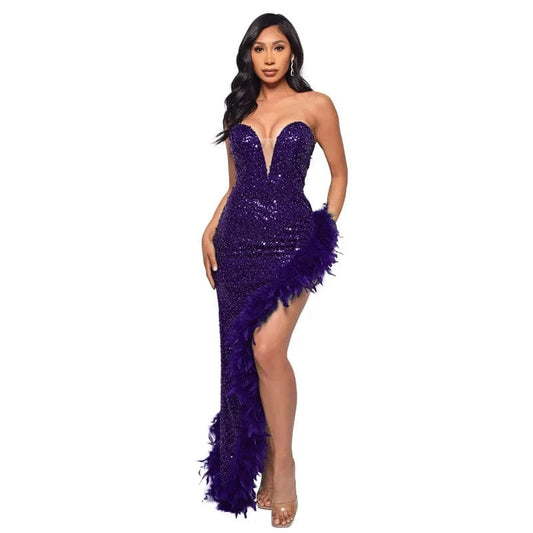 Womens Strapless Sequin Feather Dress For Women Elegant Sleeveless Long Bodycon Prom Evening Dresses