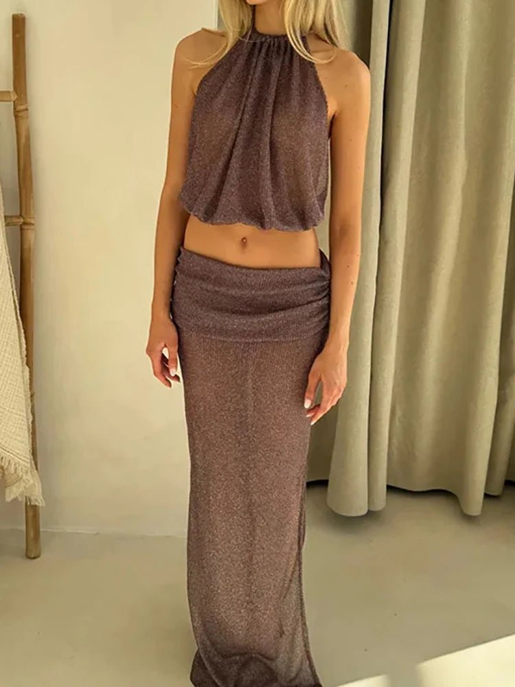 Women's Summer Sleeveless Halter Top Maxi Skirt 2PCS Sets Backless Simple Outfit Solid Lace - Up Fashion Ladies Suits Streetwear - SN Wigs & More