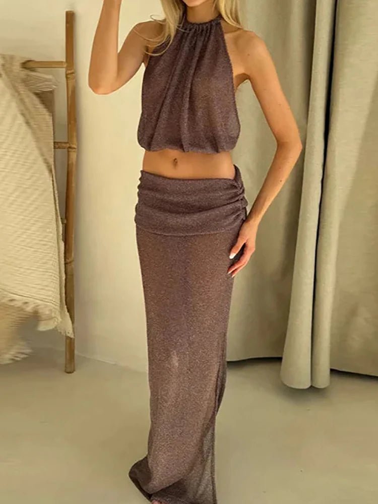 Women's Summer Sleeveless Halter Top Maxi Skirt 2PCS Sets Backless Simple Outfit Solid Lace - Up Fashion Ladies Suits Streetwear - SN Wigs & More