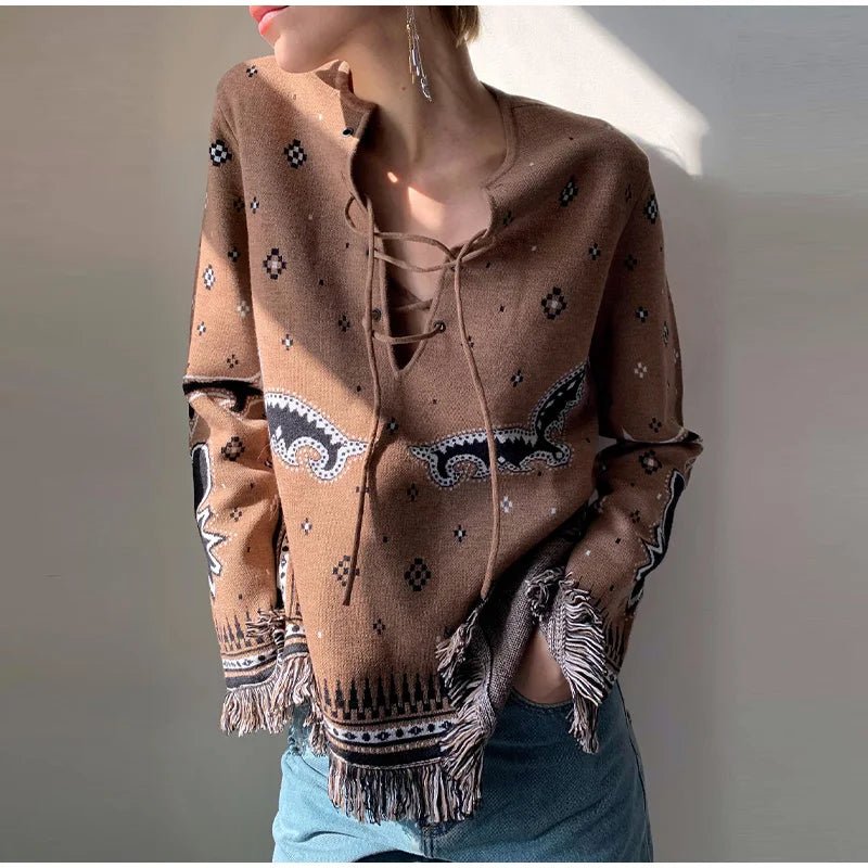 Women's Sweater + Tassel Trim V - Neck + Ethnic Style - SN Wigs & More