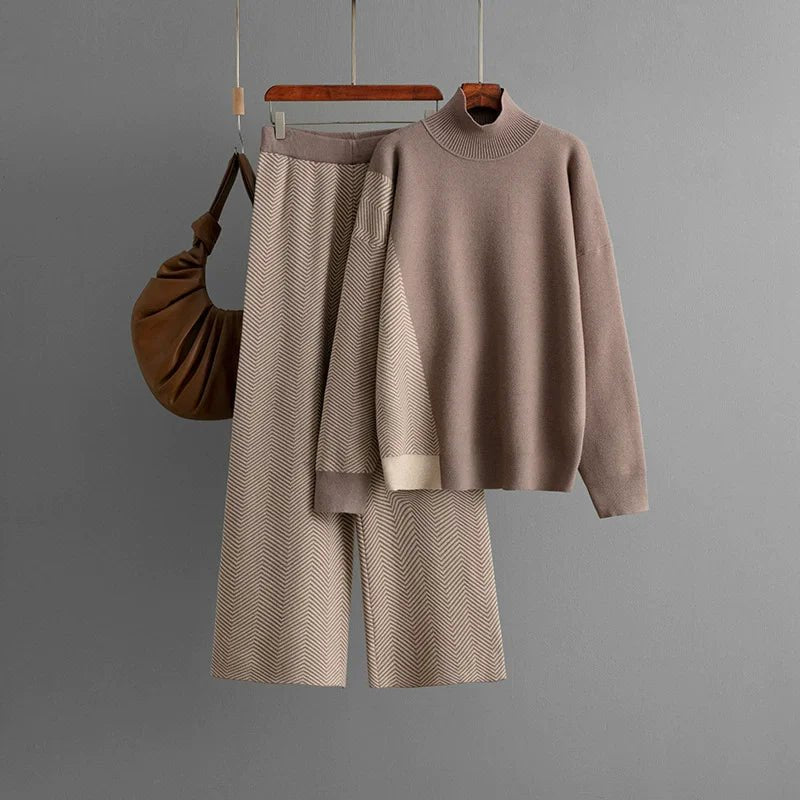Women's Two Piece Knit Set With Turtleneck Sweater And High Waist Pants Casual Style - SN Wigs & More