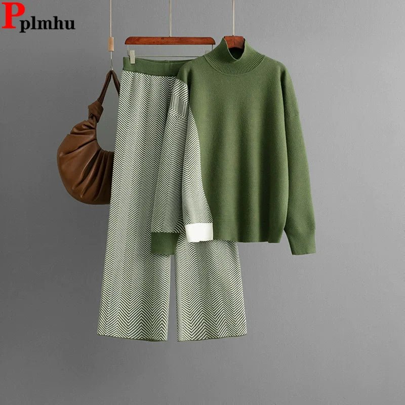Women's Two Piece Knit Set With Turtleneck Sweater And High Waist Pants Casual Style - SN Wigs & More