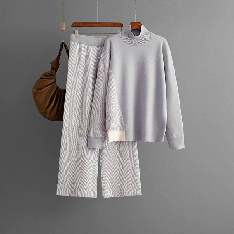 Women's Two Piece Knit Set With Turtleneck Sweater And High Waist Pants Casual Style - SN Wigs & More