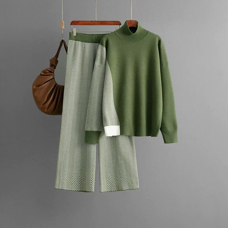 Women's Two Piece Knit Set With Turtleneck Sweater And High Waist Pants Casual Style - SN Wigs & More