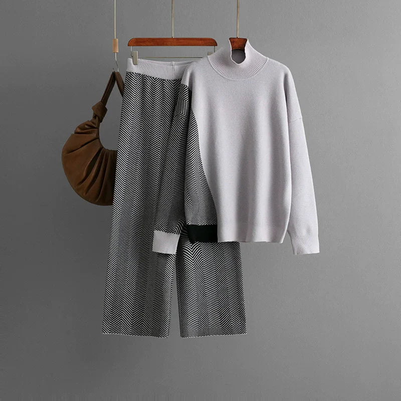 Women's Two Piece Knit Set With Turtleneck Sweater And High Waist Pants Casual Style - SN Wigs & More