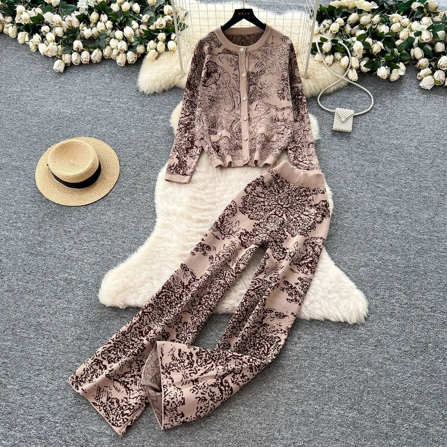 Women's Two - Piece Pant Set - High - Waist Wide - Leg Knit Silhouette - Y2K Streetwear Autumn - SN Wigs & More