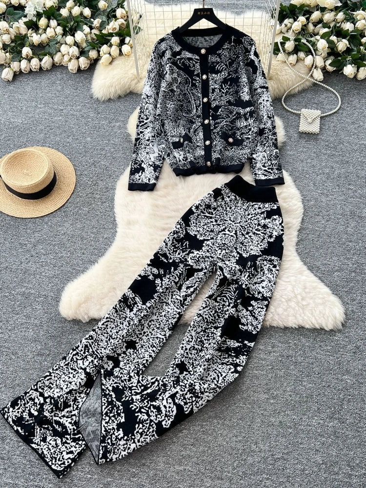 Women's Two - Piece Pant Set - High - Waist Wide - Leg Knit Silhouette - Y2K Streetwear Autumn - SN Wigs & More