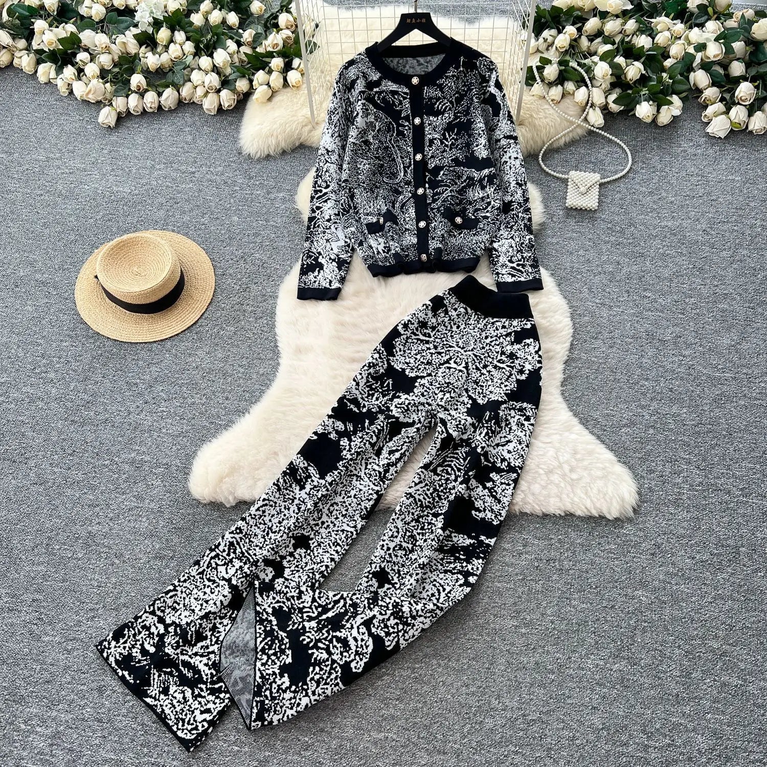 Women's Two - Piece Pant Set - High - Waist Wide - Leg Knit Silhouette - Y2K Streetwear Autumn - SN Wigs & More