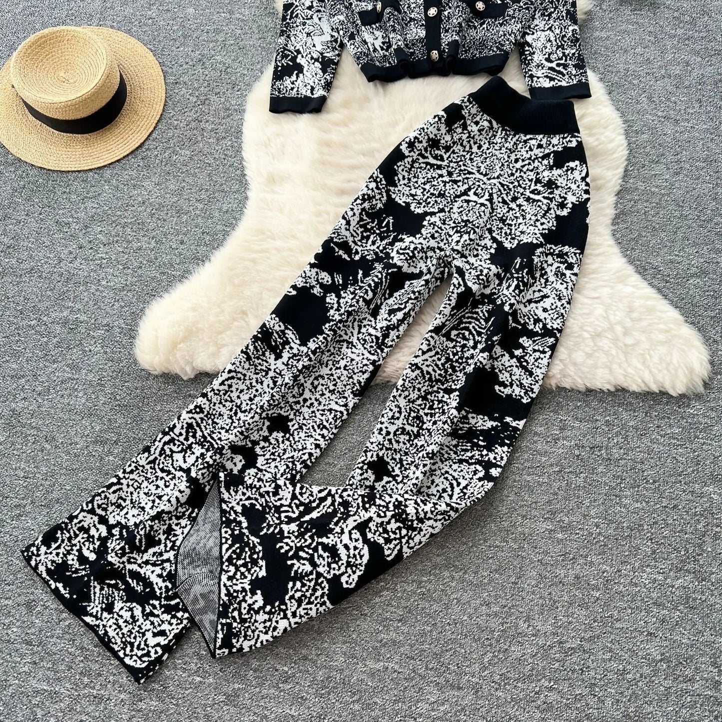 Women's Two - Piece Pant Set - High - Waist Wide - Leg Knit Silhouette - Y2K Streetwear Autumn - SN Wigs & More