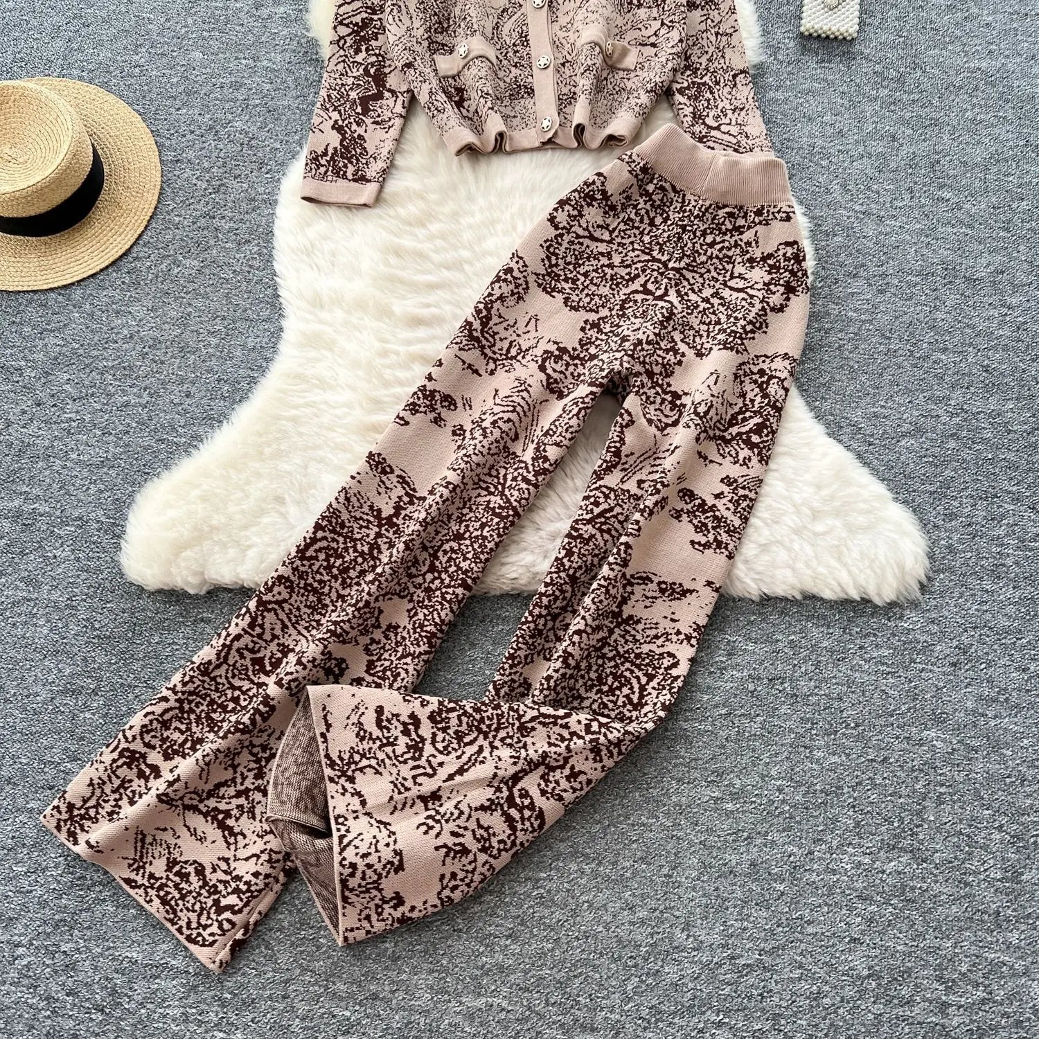 Women's Two - Piece Pant Set - High - Waist Wide - Leg Knit Silhouette - Y2K Streetwear Autumn - SN Wigs & More