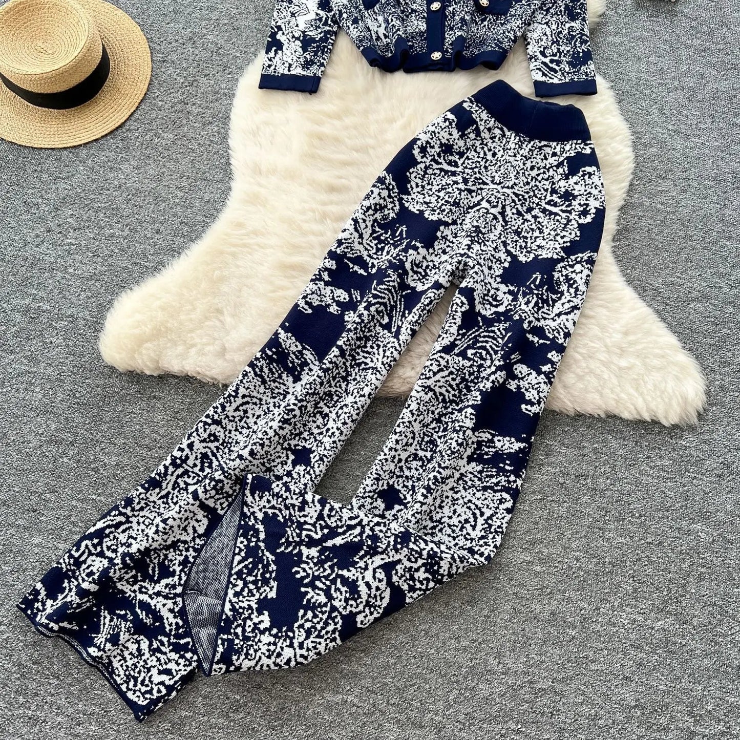 Women's Two - Piece Pant Set - High - Waist Wide - Leg Knit Silhouette - Y2K Streetwear Autumn - SN Wigs & More