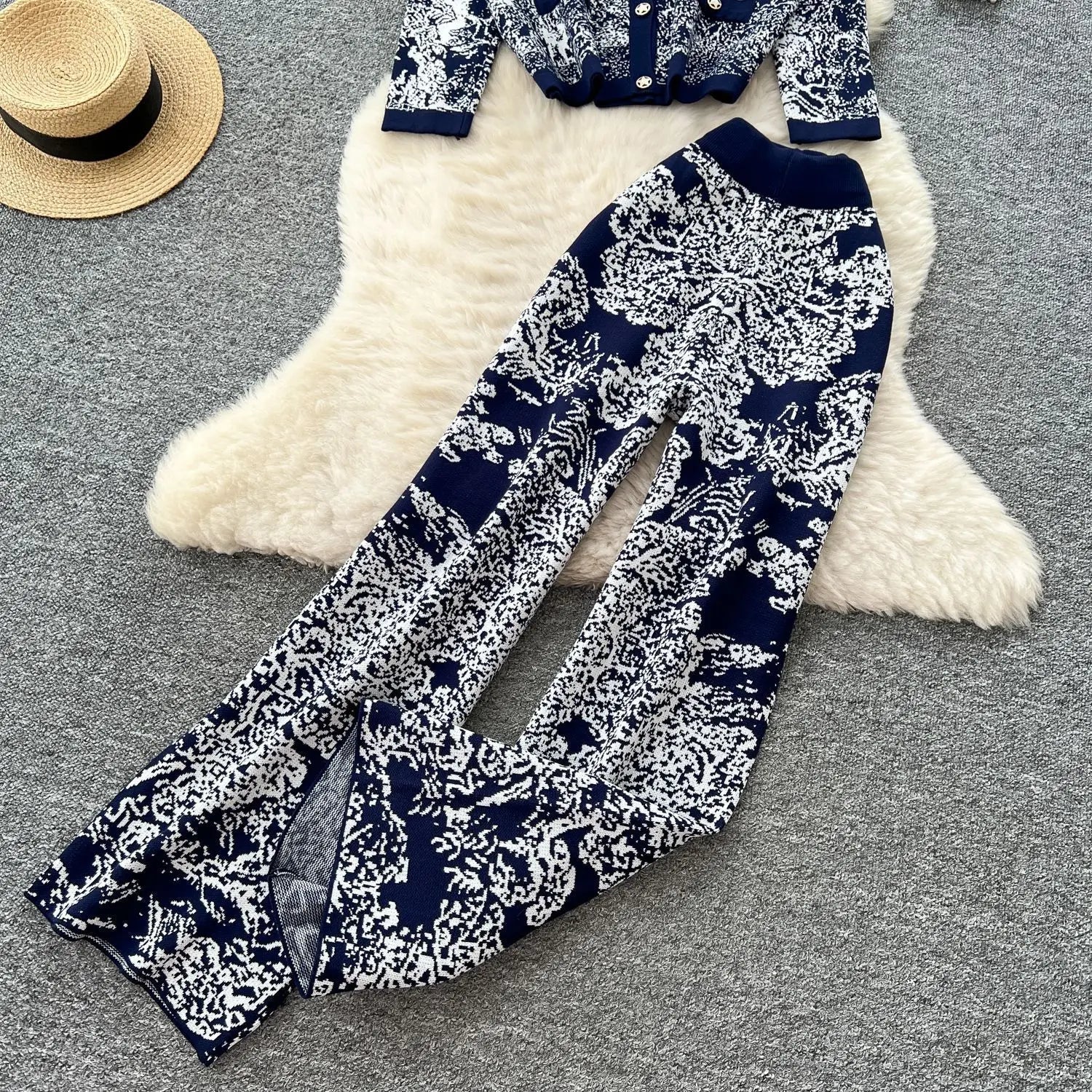 Women's Two - Piece Pant Set - High - Waist Wide - Leg Knit Silhouette - Y2K Streetwear Autumn - SN Wigs & More