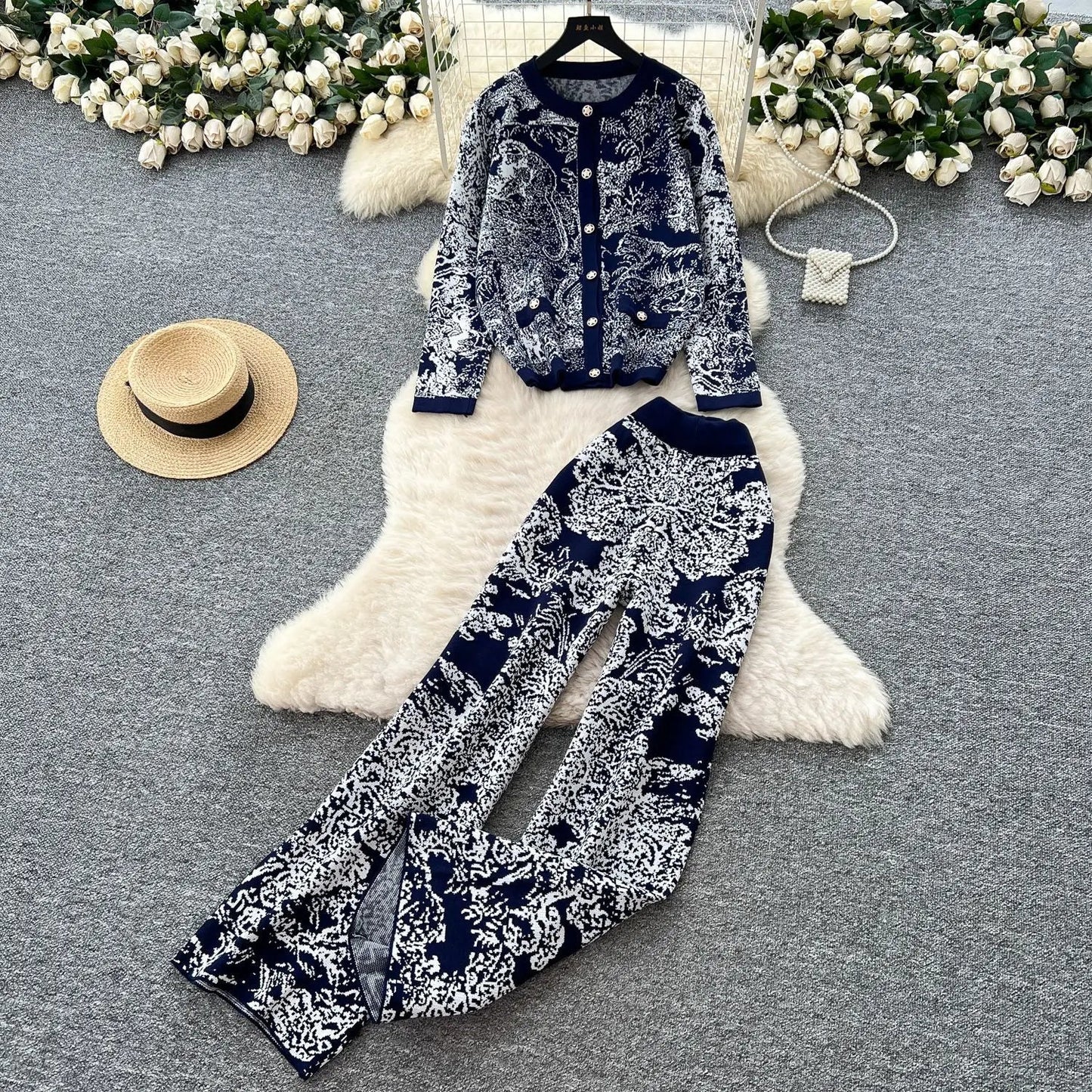 Women's Two - Piece Pant Set - High - Waist Wide - Leg Knit Silhouette - Y2K Streetwear Autumn - SN Wigs & More