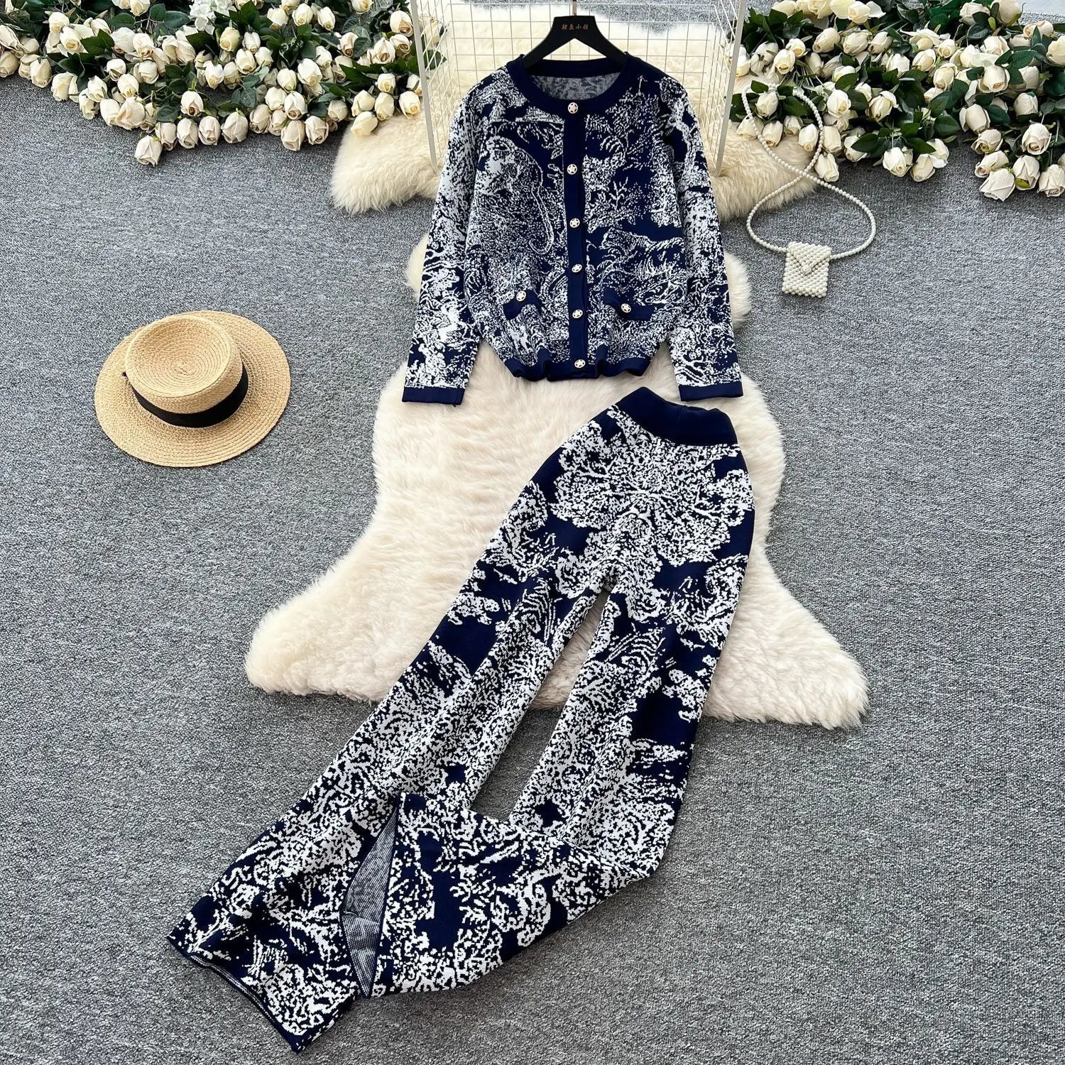 Women's Two - Piece Pant Set - High - Waist Wide - Leg Knit Silhouette - Y2K Streetwear Autumn - SN Wigs & More