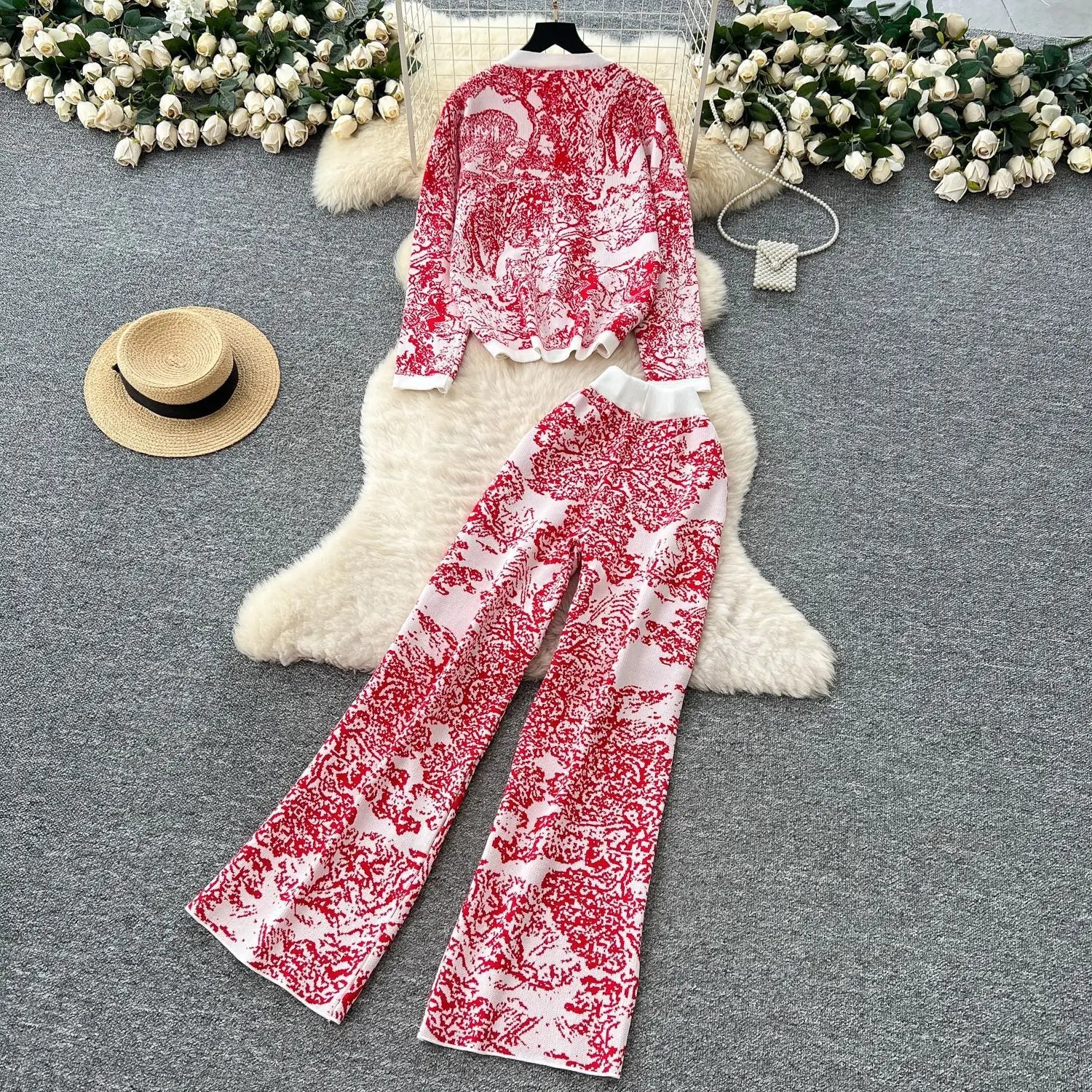 Women's Two - Piece Pant Set - High - Waist Wide - Leg Knit Silhouette - Y2K Streetwear Autumn - SN Wigs & More
