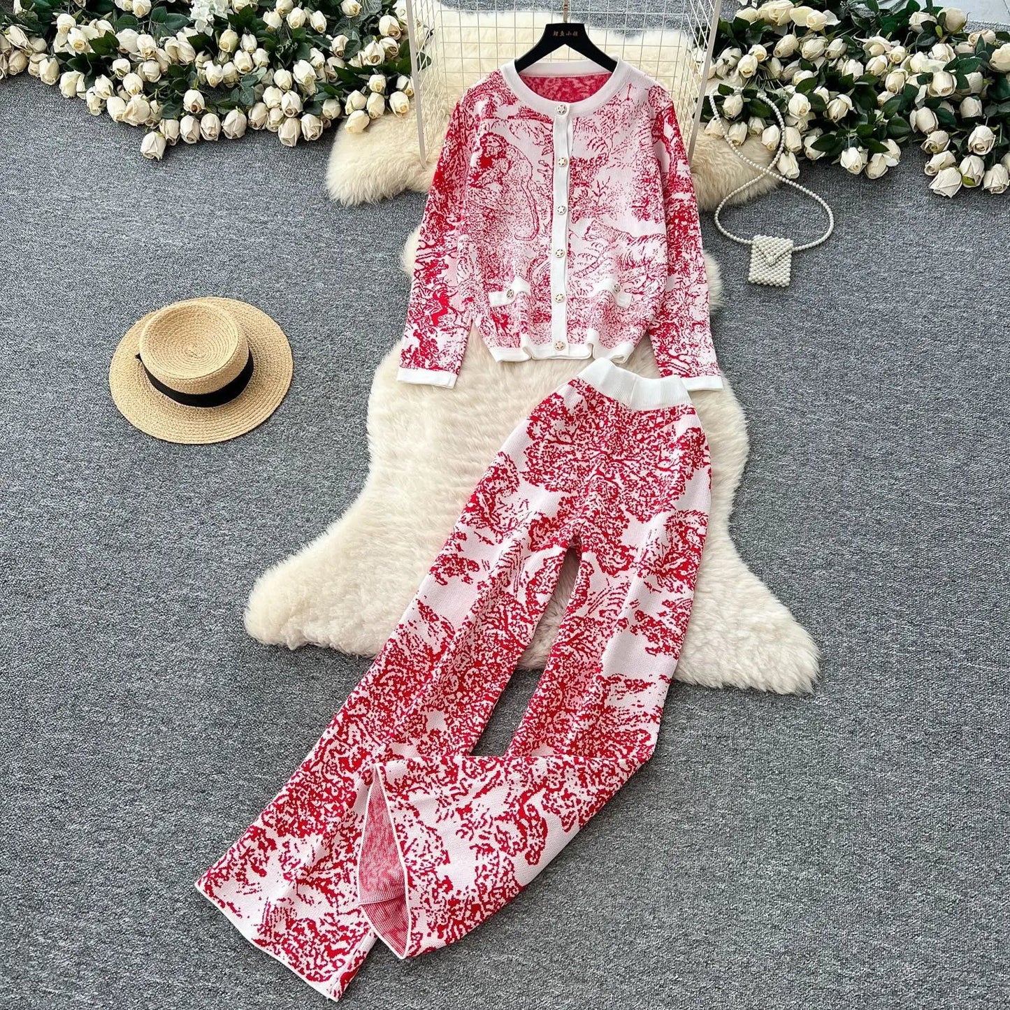 Women's Two - Piece Pant Set - High - Waist Wide - Leg Knit Silhouette - Y2K Streetwear Autumn - SN Wigs & More