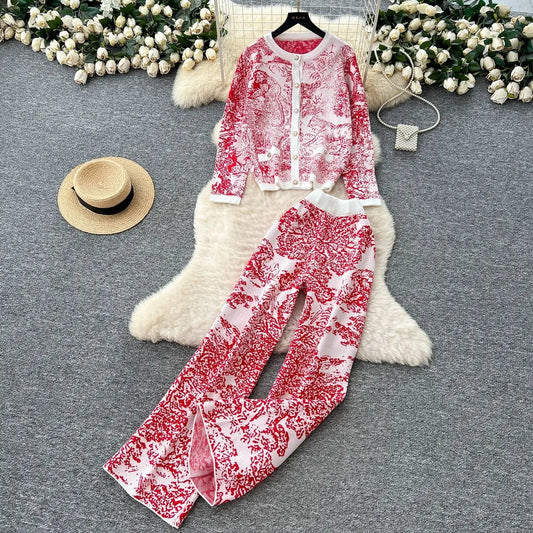 Women's Two - Piece Pant Set - High - Waist Wide - Leg Knit Silhouette - Y2K Streetwear Autumn - SN Wigs & More