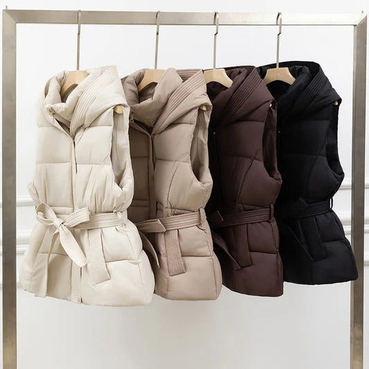 Women's Vest Jacket Hooded Zipper Pockets Cinched Waist Casual Winter Office Style - SN Wigs & More