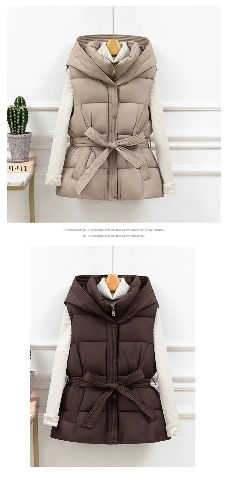 Women's Vest Jacket Hooded Zipper Pockets Cinched Waist Casual Winter Office Style - SN Wigs & More