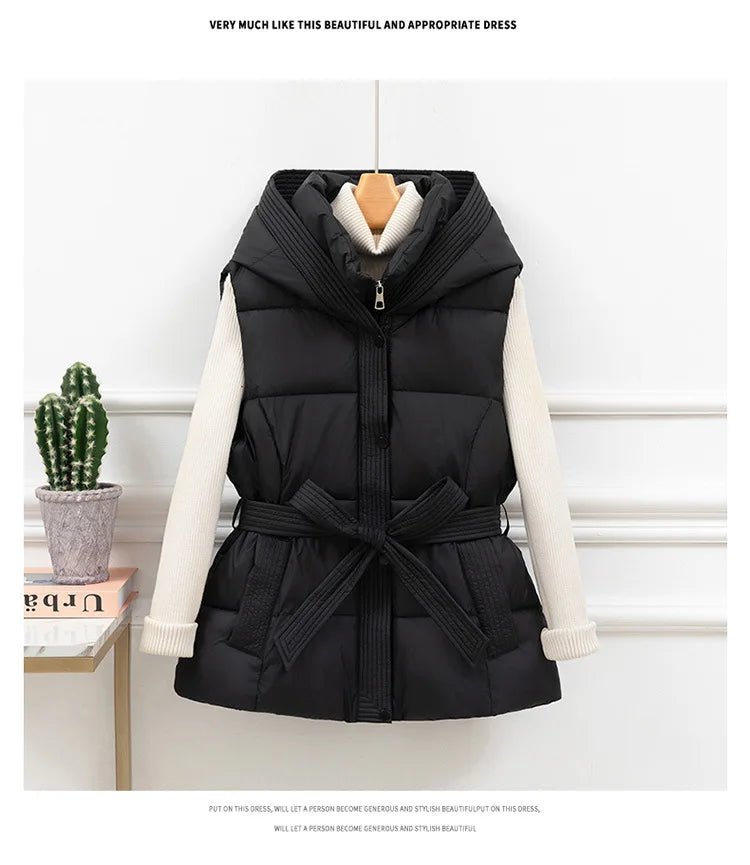 Women's Vest Jacket Hooded Zipper Pockets Cinched Waist Casual Winter Office Style - SN Wigs & More