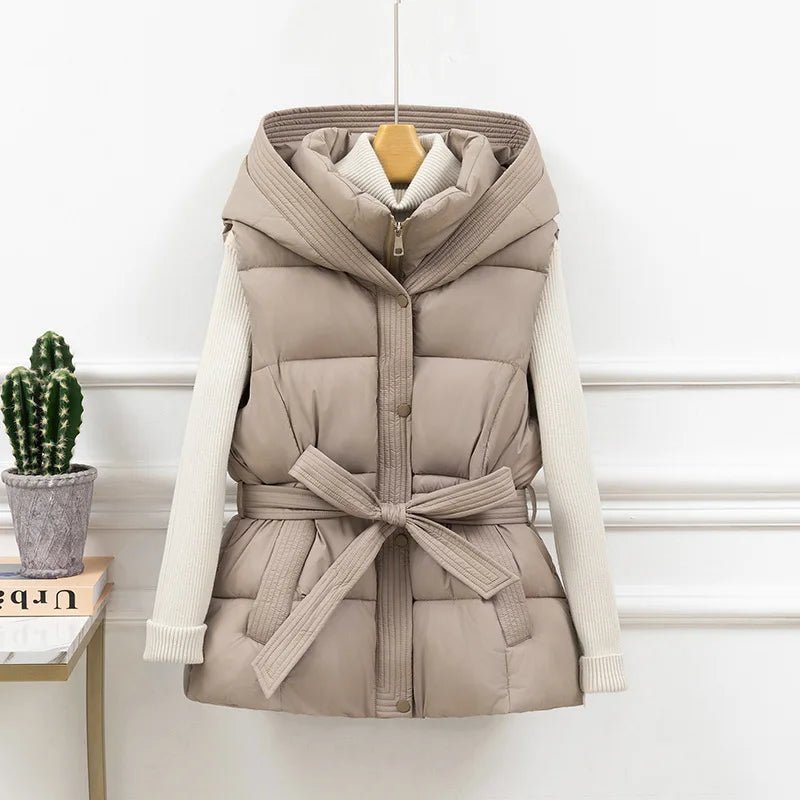 Women's Vest Jacket Hooded Zipper Pockets Cinched Waist Casual Winter Office Style - SN Wigs & More