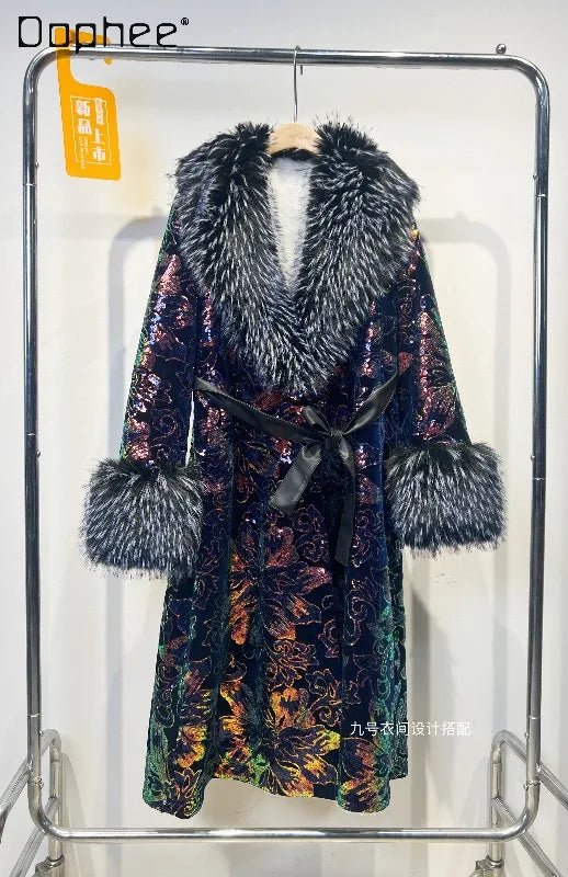 Women's Winter Coat + Heavy Sequin Embroidery With Faux Fox Fur Collar + Office Lady Style - SN Wigs & More