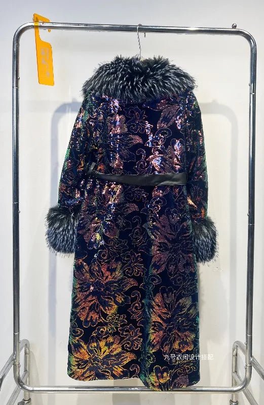 Women's Winter Coat + Heavy Sequin Embroidery With Faux Fox Fur Collar + Office Lady Style - SN Wigs & More