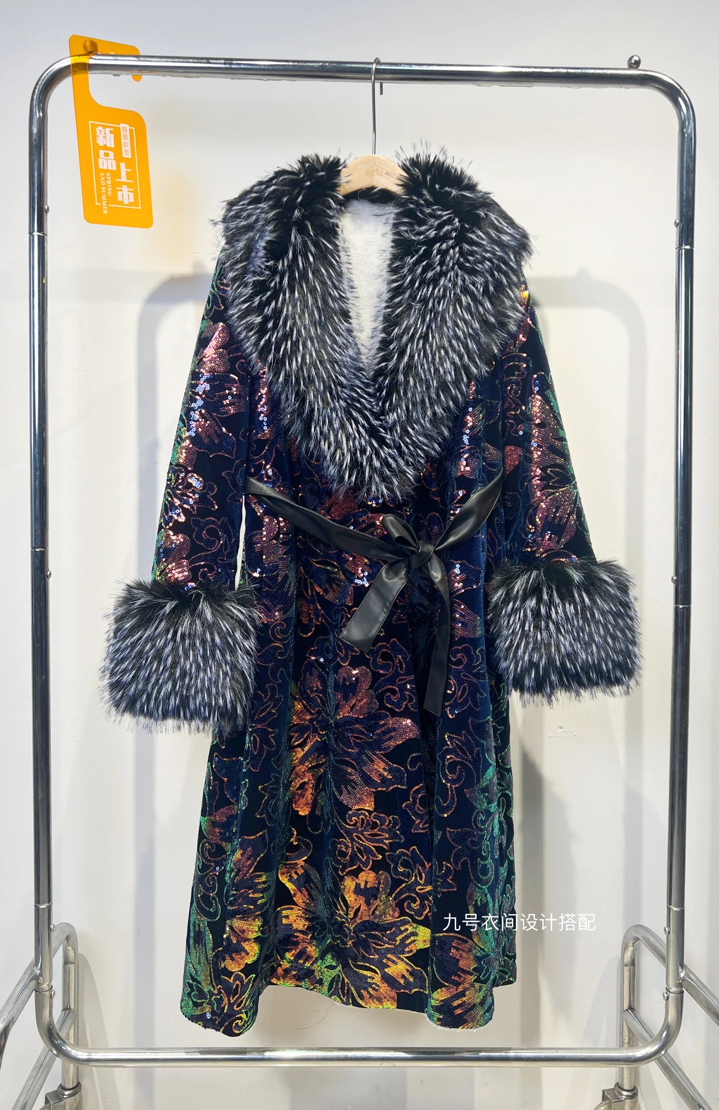 Women's Winter Coat + Heavy Sequin Embroidery With Faux Fox Fur Collar + Office Lady Style - SN Wigs & More